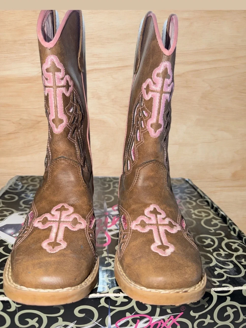 Roxy Brown Leather Kids Cowboy Boots with Pink Cross Accents